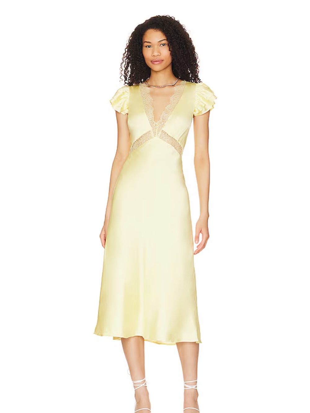 Tularosa Yellow Satin Midi Dress with Lace Insets